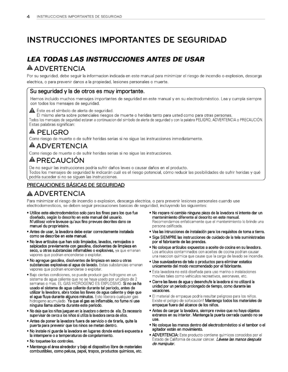 Instrucciones importantes de seguridad, Su seguridad y la de otros es muy importante, Precauciones básicas de seguridad | Aadvertencia, Lea todas las instrucciones antes de usar a | LG WM3250HWA User Manual | Page 45 / 81