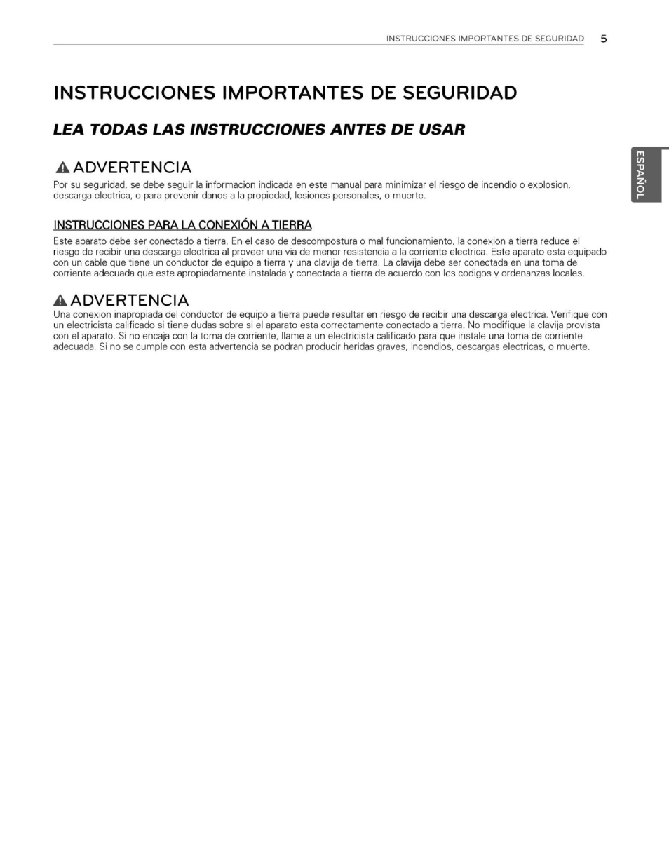 Instrucciones importantes de seguridad, Aadvertencia, Instrucciones para la conexión atierra | Lea todas las instrucciones antes de usar | LG WM3250HWA User Manual | Page 46 / 81