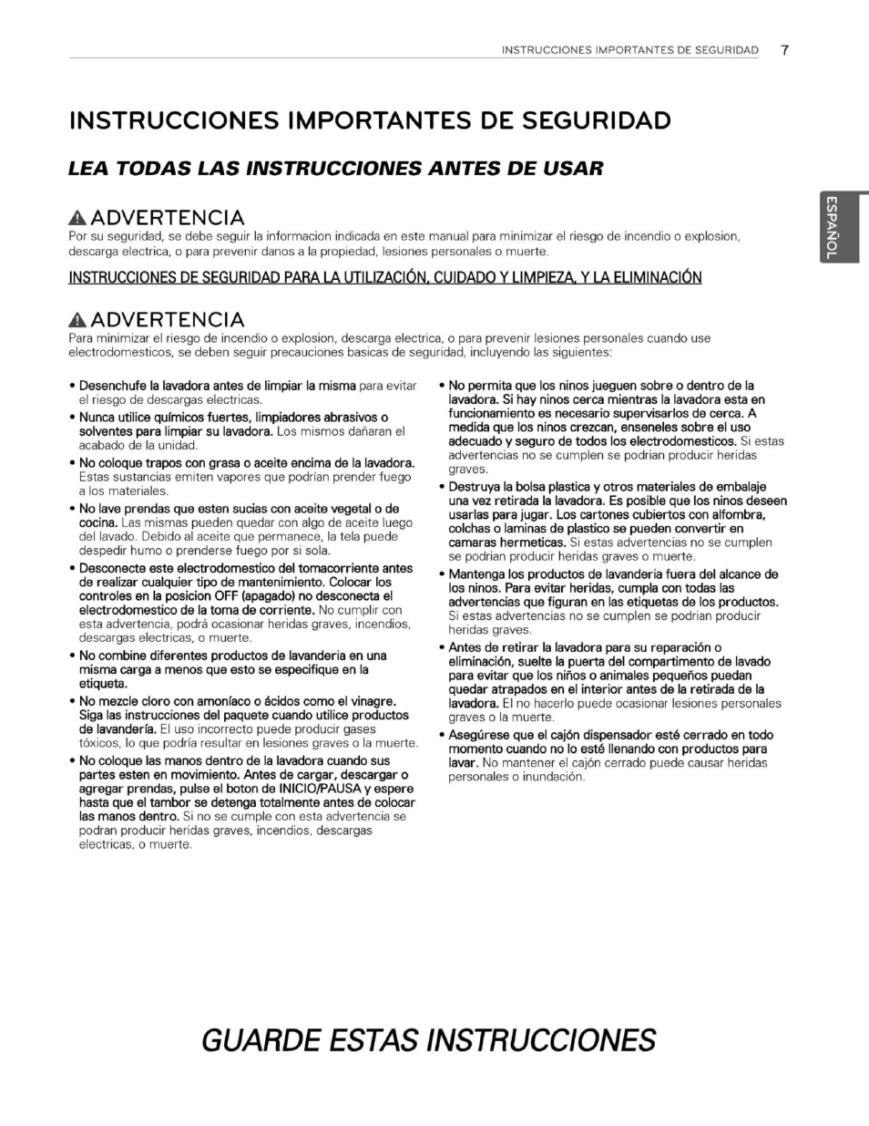 Instrucciones importantes de seguridad, Aadvertencia, Guarde estas instrucciones | Lea todas las instrucciones antes de usar | LG WM3250HWA User Manual | Page 48 / 81