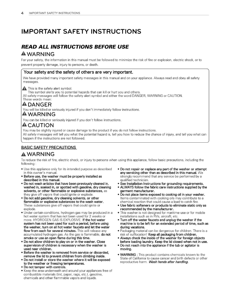 Important safety instructions, Basic safety precautions, Read all instructions before use awarning | A caution, Awarning | LG WM3250HWA User Manual | Page 5 / 81