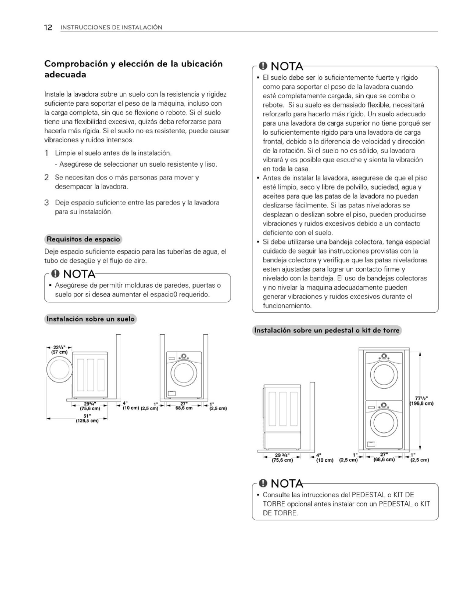 Comprobación y elección de la ubicación adecuada, O nota, Nota | LG WM3250HWA User Manual | Page 53 / 81