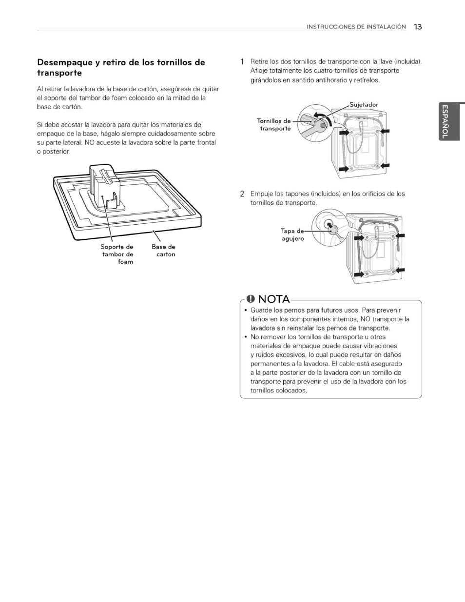 Desempaque y retiro de los tornillos de transporte, Q nota | LG WM3250HWA User Manual | Page 54 / 81