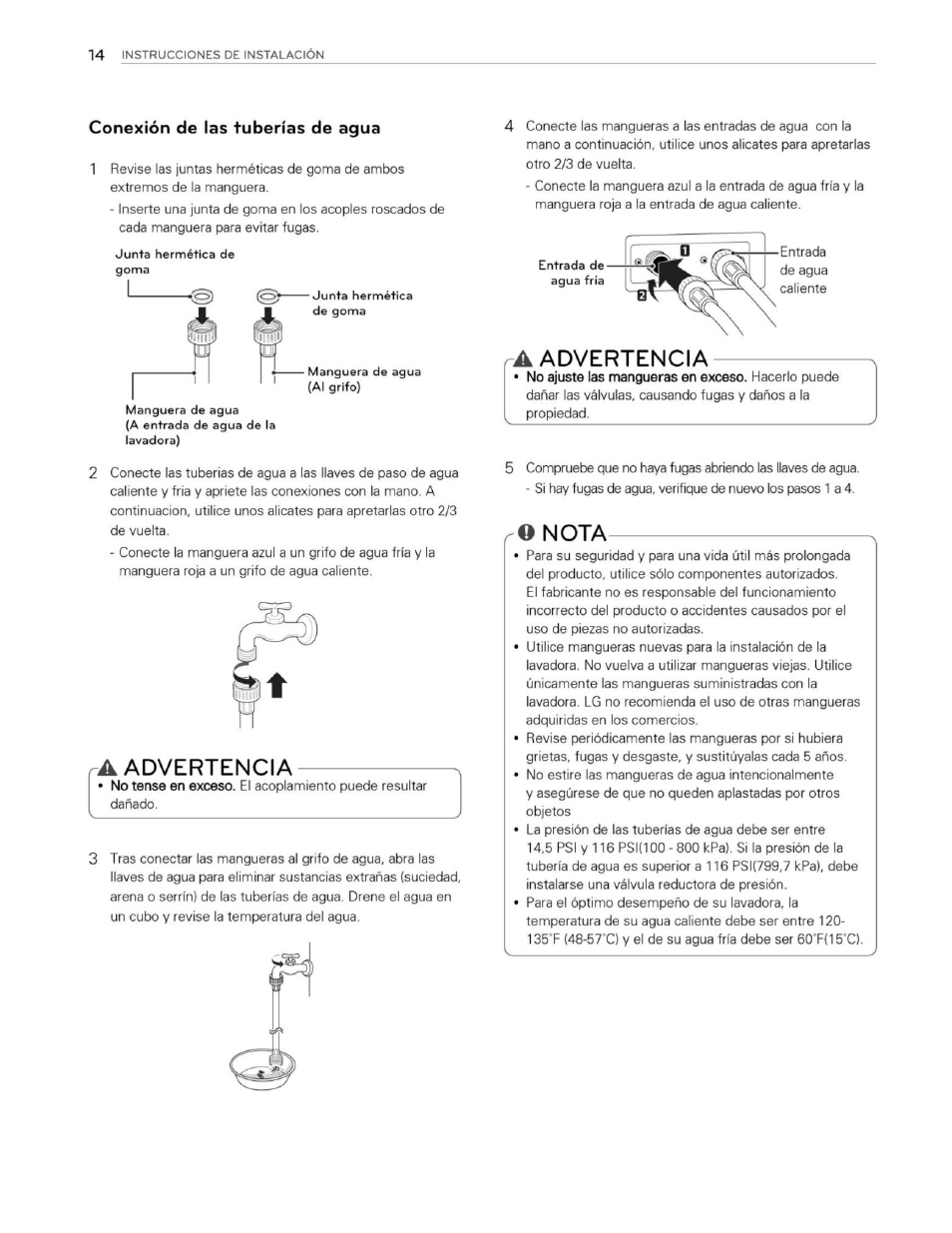 Conexión de las tuberías de agua, A advertencia, Ra advertencia | Q nota | LG WM3250HWA User Manual | Page 55 / 81