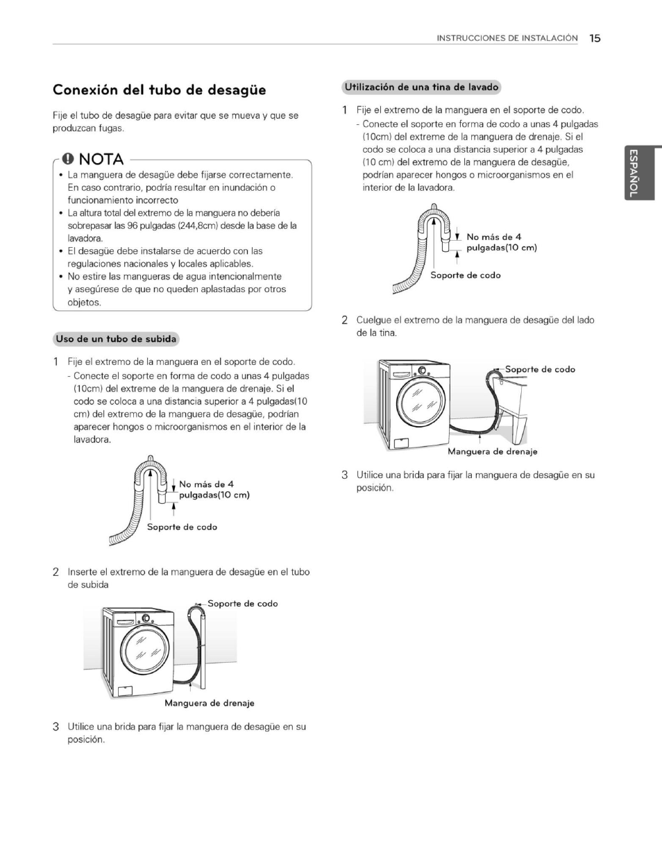 Conexión del tubo de desagüe, O nota, Nota | LG WM3250HWA User Manual | Page 56 / 81