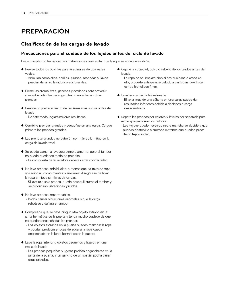 Preparacion, Clasificación de las cargas de lavado | LG WM3250HWA User Manual | Page 59 / 81