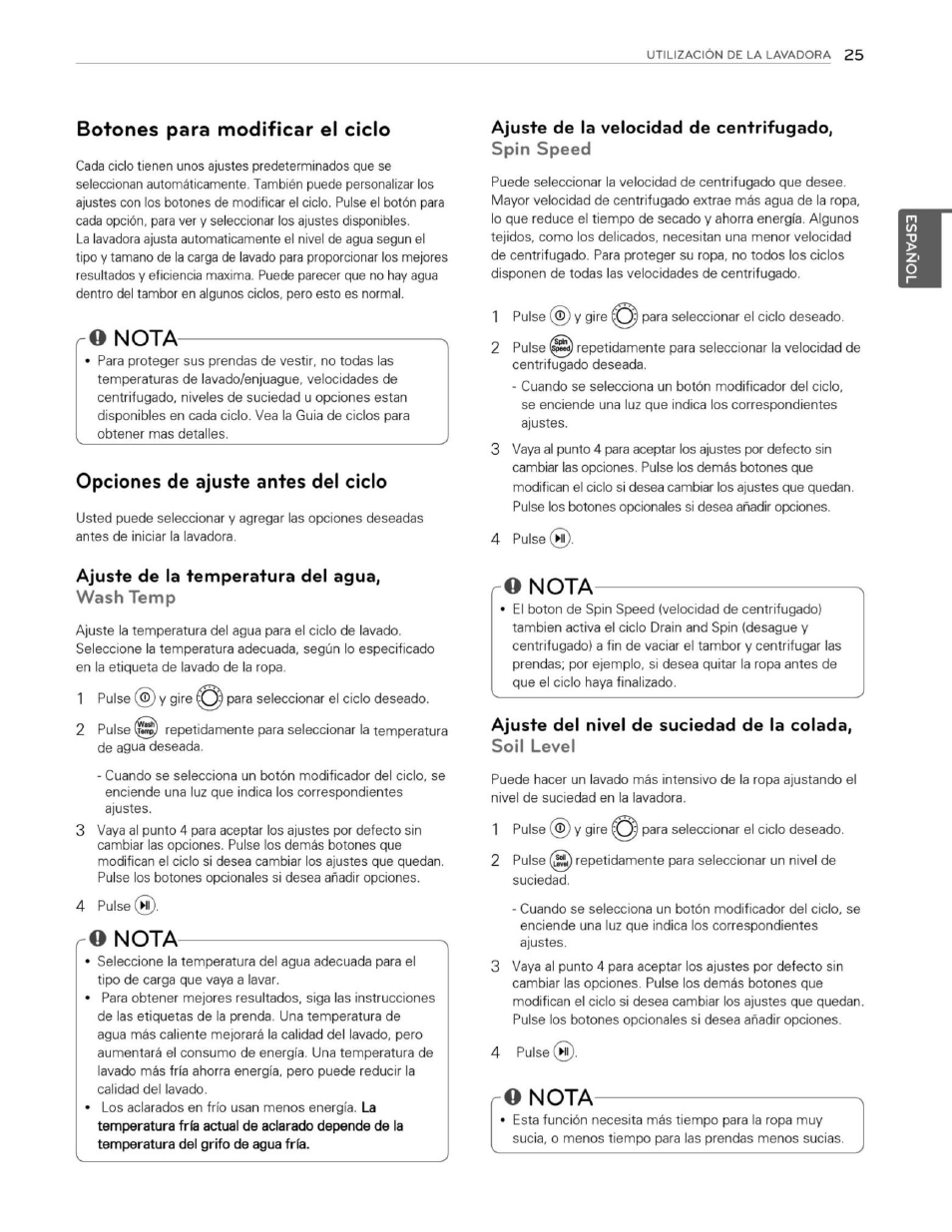 Botones para modificar el ciclo, Ro nota, Opciones de ajuste antes del ciclo | Ajuste de la temperatura del agua, Wash temp, O nota, Ajuste de la velocidad de centrifugado, spin speed, Nota | LG WM3250HWA User Manual | Page 66 / 81