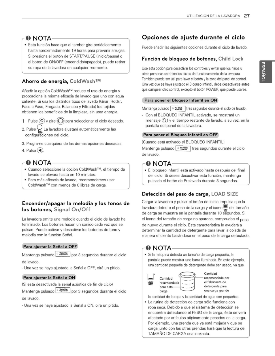 Ahorro de energía, coldwash, O nota, Opciones de ajuste durante el ciclo | Fundón de bloqueo de botones, child lock, Detección del peso de carga, load size, Ro nota, Nota | LG WM3250HWA User Manual | Page 68 / 81