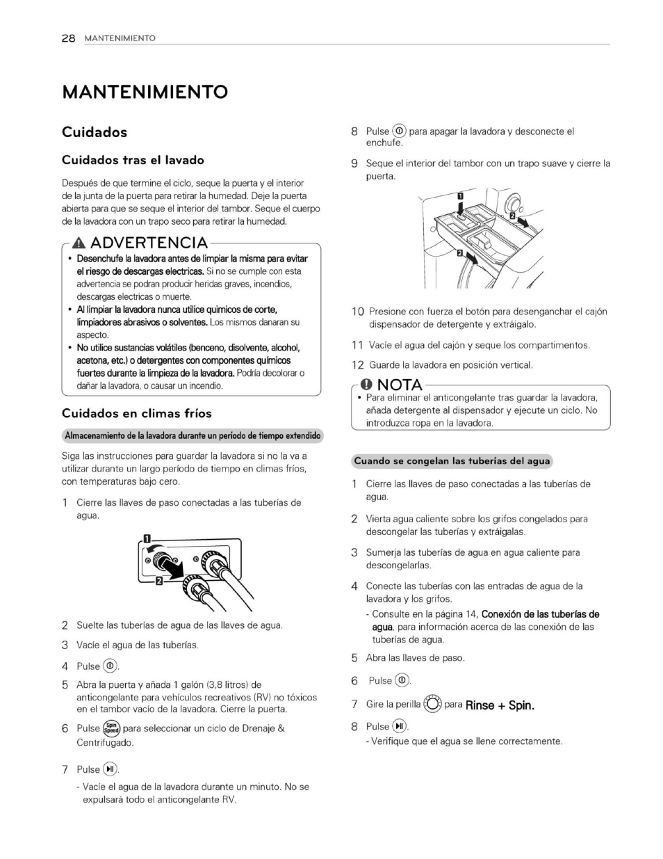 Mantenimiento, Cuidados, Cuidados tras el lavado | A advertencia, Cuidados en climas fríos, O nota, Advertencia, Nota | LG WM3250HWA User Manual | Page 69 / 81