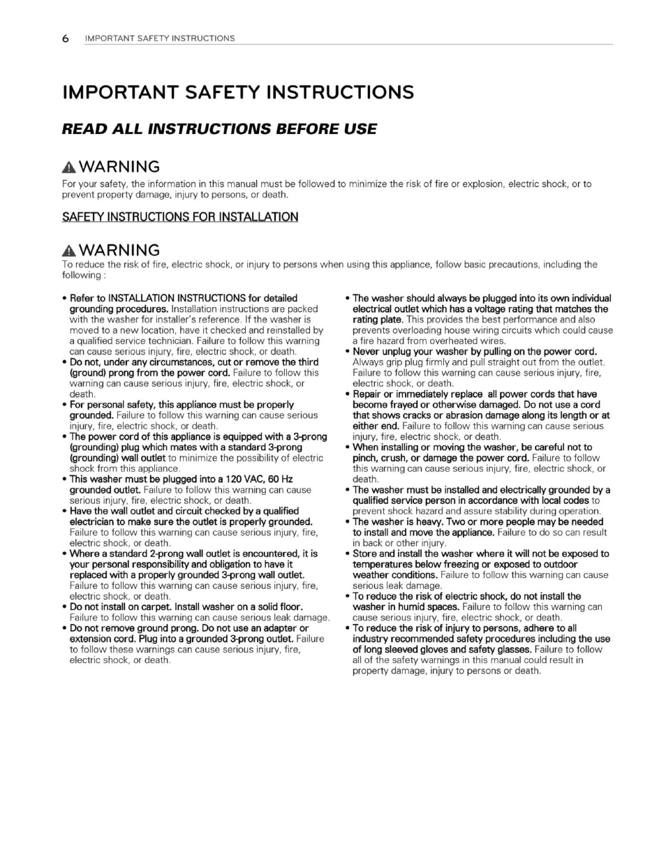 Important safety instructions, Awarning, Safety instructions for installation | Read all instructions before use awarning | LG WM3250HWA User Manual | Page 7 / 81