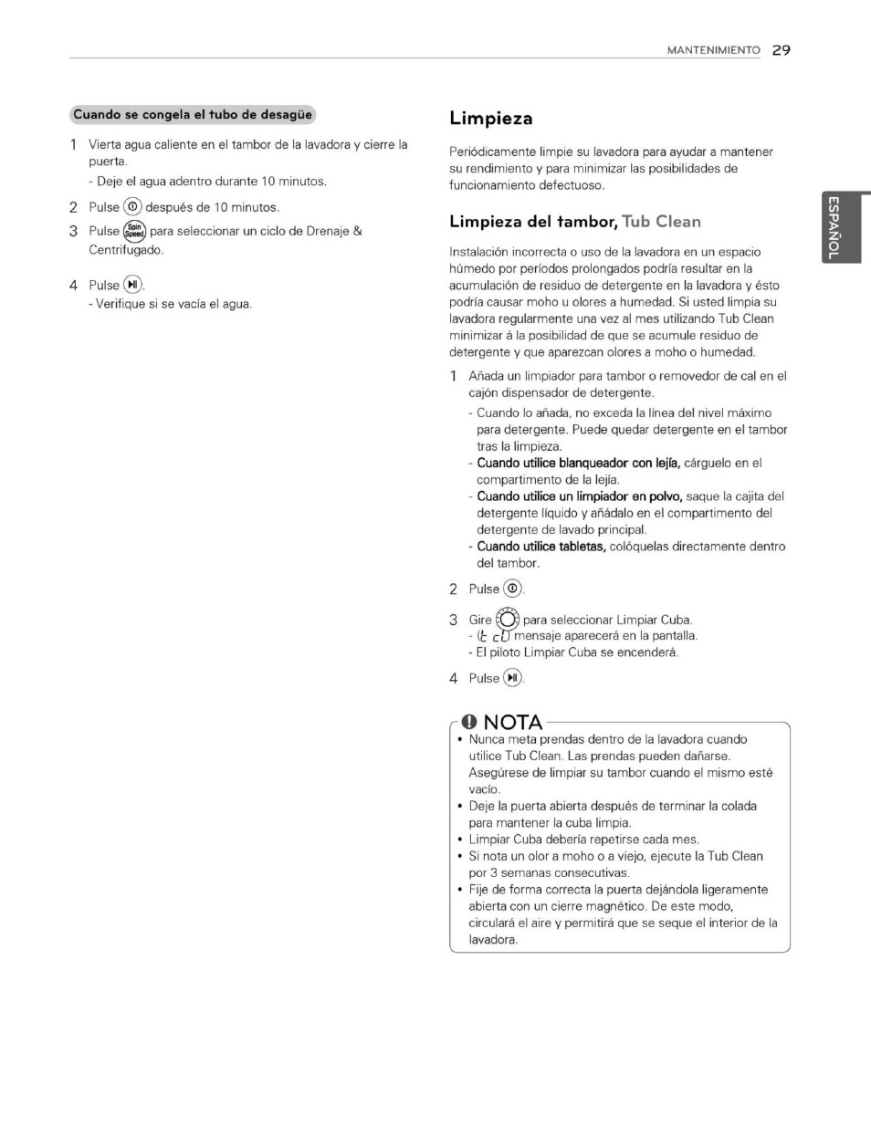 Limpieza, Limpieza del tambor, tub clean, O nota | Nota | LG WM3250HWA User Manual | Page 70 / 81