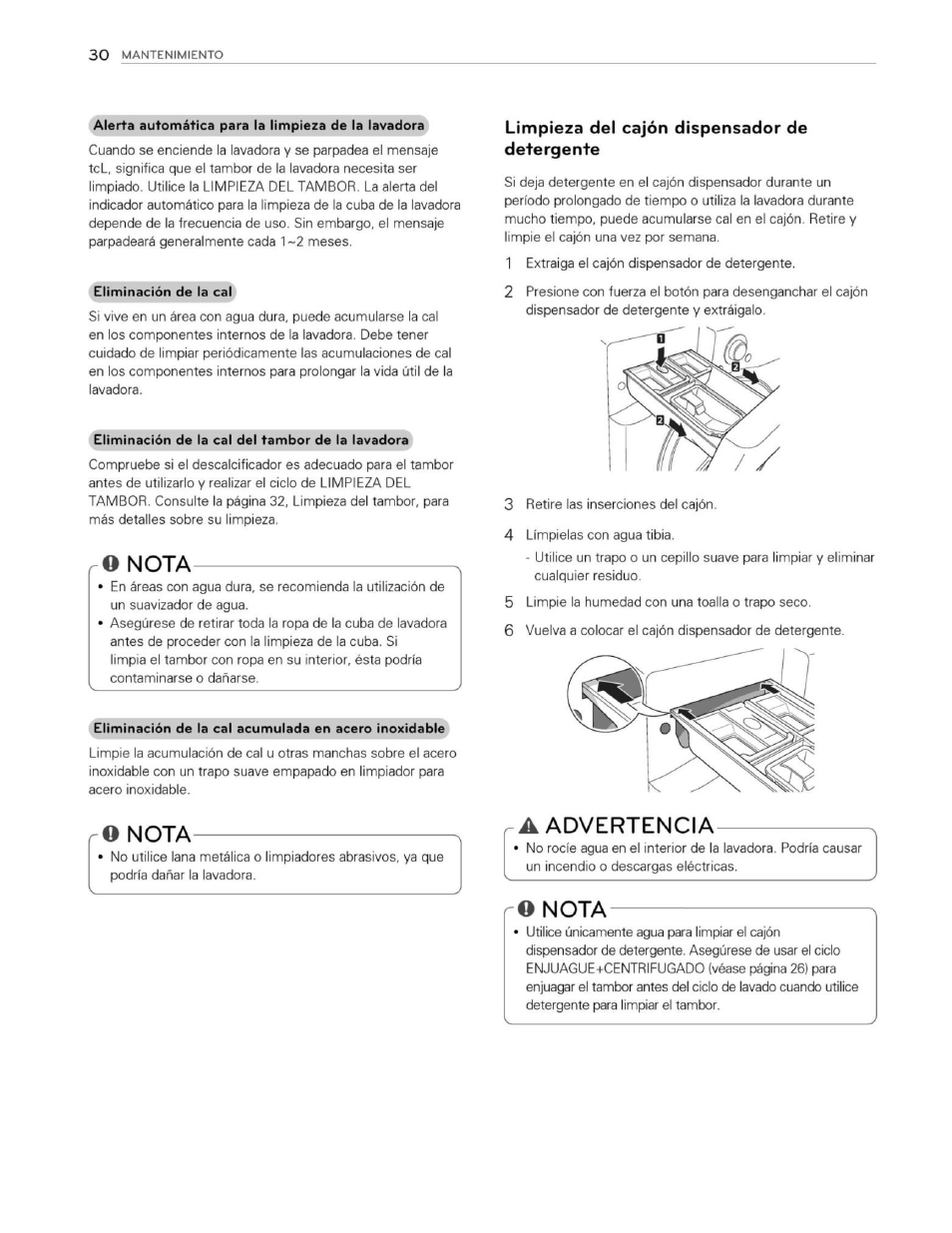 Q nota, Limpieza del cajón dispensador de detergente, O nota | A advertencia, Nota, Advertencia | LG WM3250HWA User Manual | Page 71 / 81