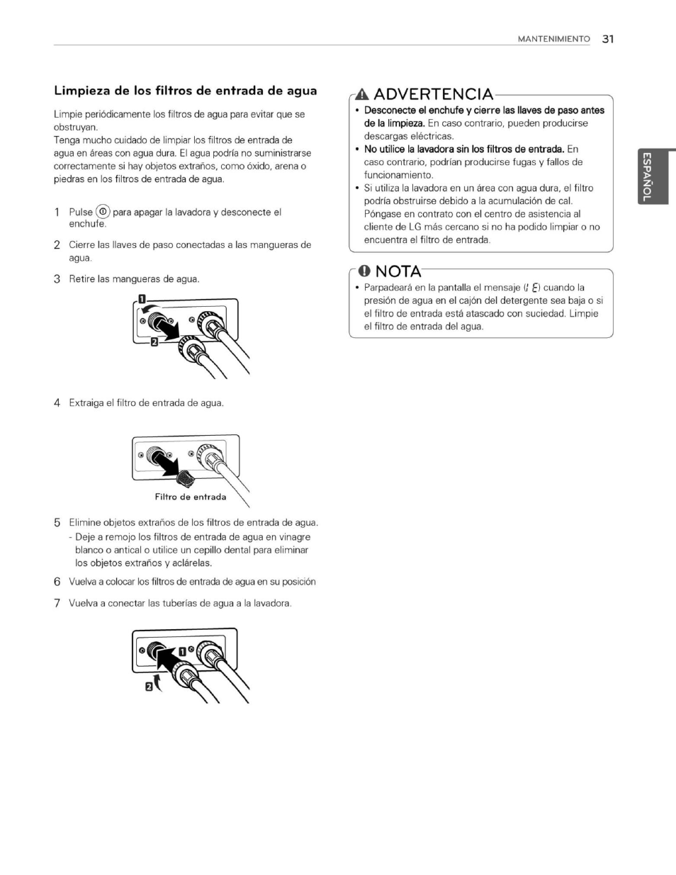 Limpieza de los filtros de entrada de agua, Advertencia, Nota | LG WM3250HWA User Manual | Page 72 / 81