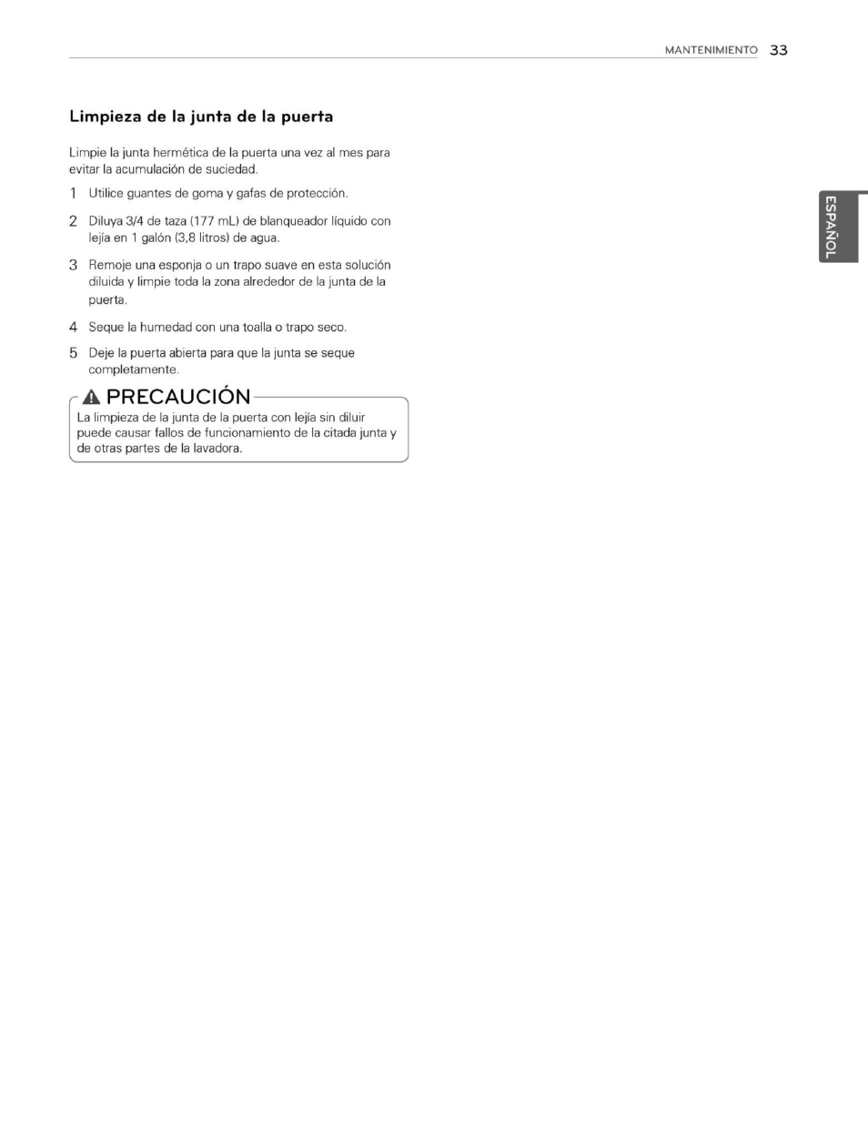 Limpieza de la junta de la puerta, A precaución | LG WM3250HWA User Manual | Page 74 / 81