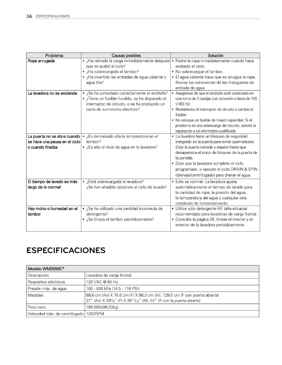 Especificaciones | LG WM3250HWA User Manual | Page 77 / 81