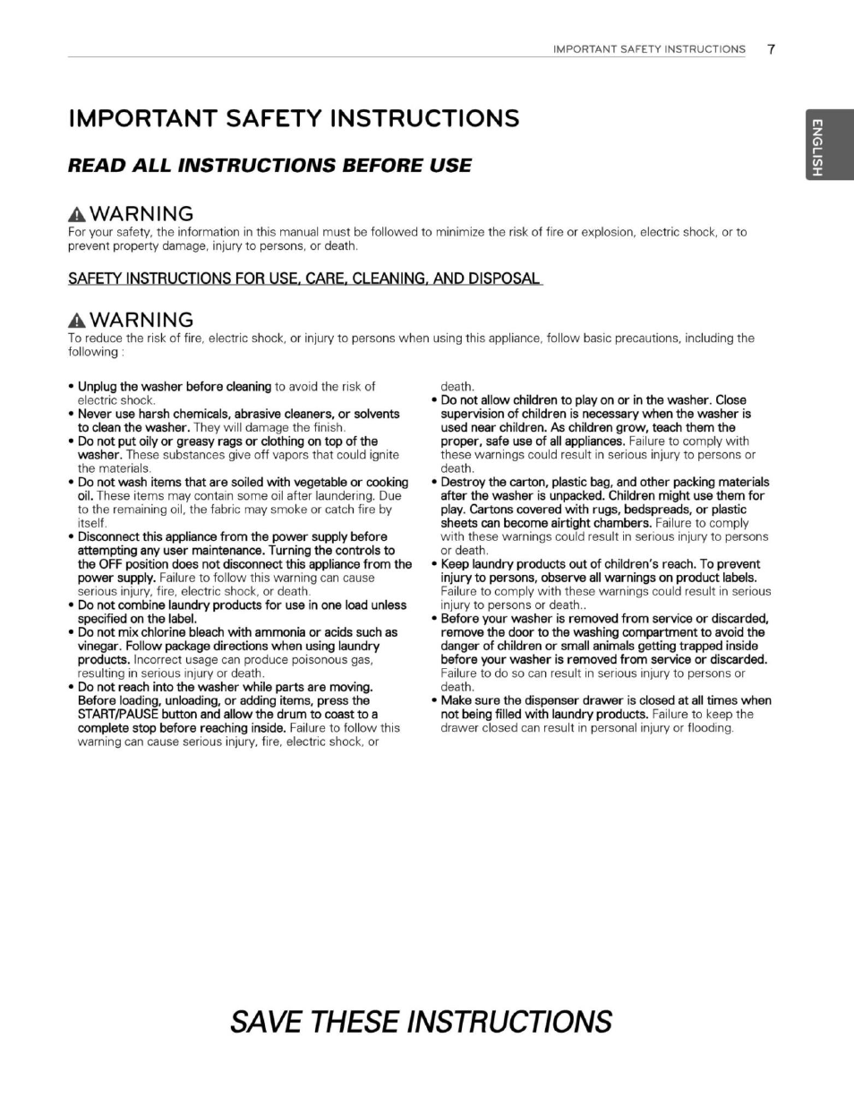 Important safety instructions, Awarning, Save these instructions | Read all instructions before use awarning | LG WM3250HWA User Manual | Page 8 / 81