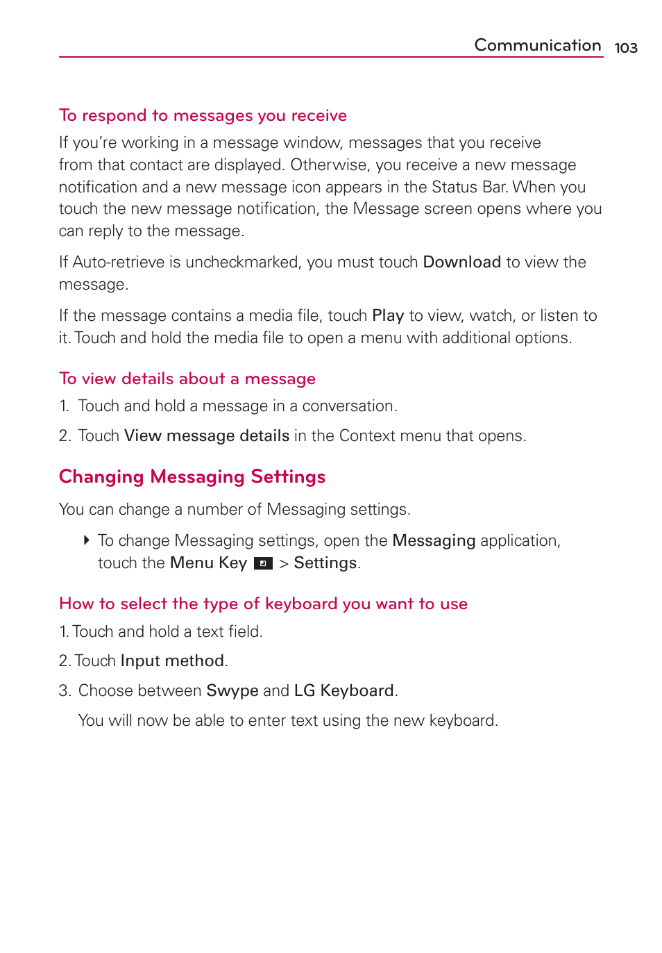 Changing messaging settings | LG LGMS840 User Manual | Page 105 / 200