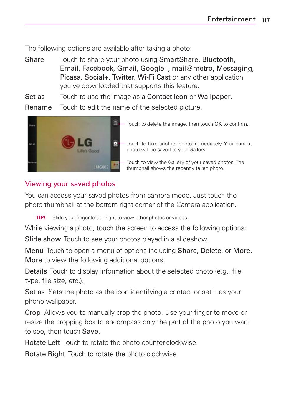 Entertainment, Viewing your saved photos | LG LGMS840 User Manual | Page 119 / 200