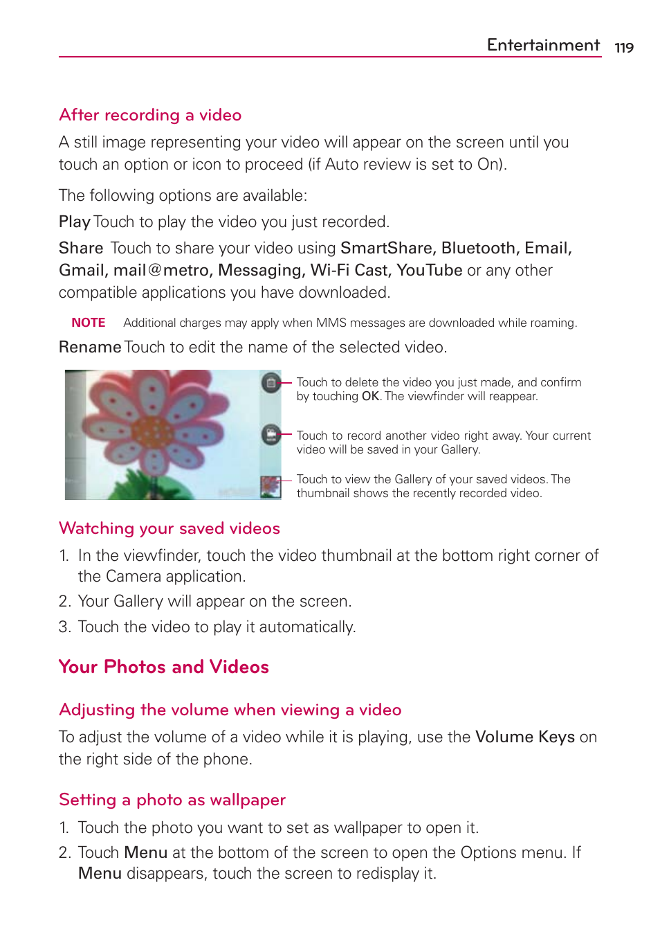 Your photos and videos, Entertainment after recording a video, Watching your saved videos | Adjusting the volume when viewing a video, Setting a photo as wallpaper | LG LGMS840 User Manual | Page 121 / 200