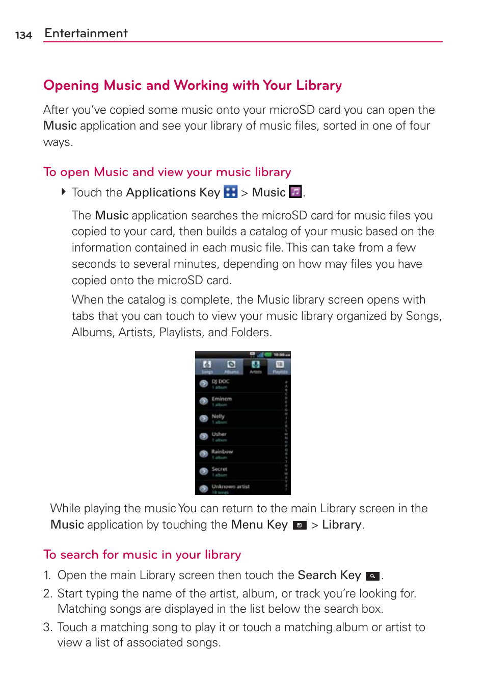 Opening music and working with your library | LG LGMS840 User Manual | Page 136 / 200