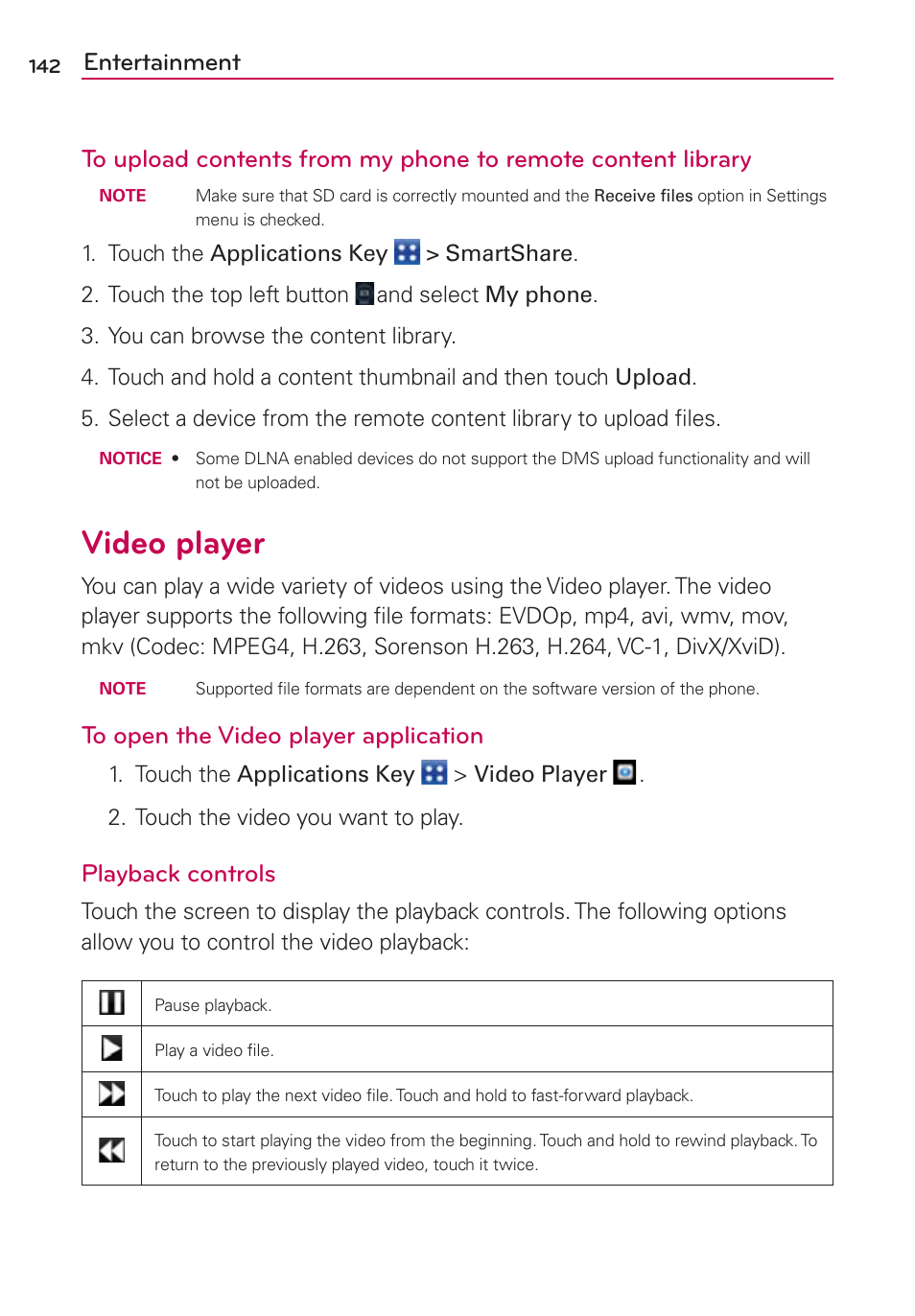 Video player, Playback controls | LG LGMS840 User Manual | Page 144 / 200