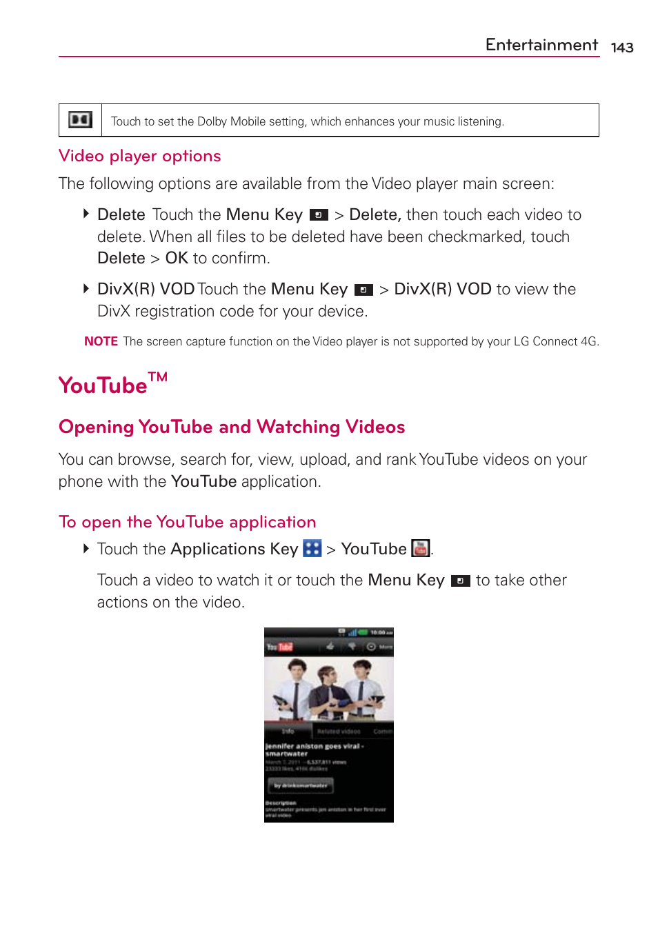 Youtube, Opening youtube and watching videos | LG LGMS840 User Manual | Page 145 / 200
