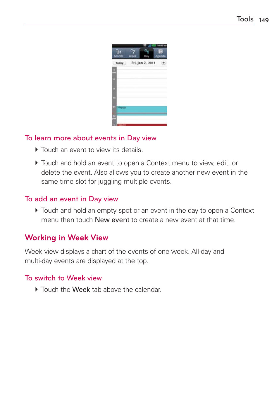 Working in week view | LG LGMS840 User Manual | Page 151 / 200