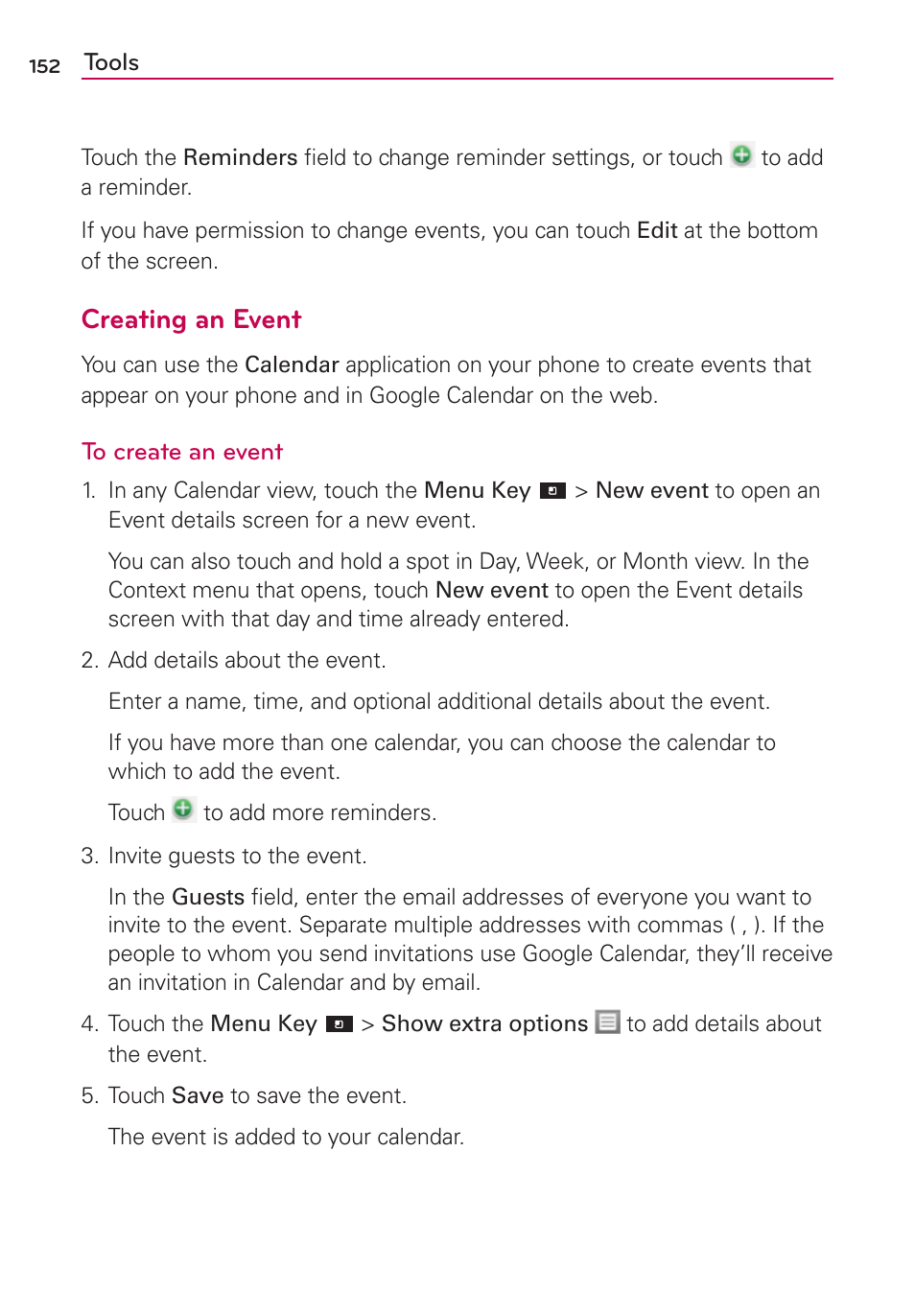 Creating an event | LG LGMS840 User Manual | Page 154 / 200