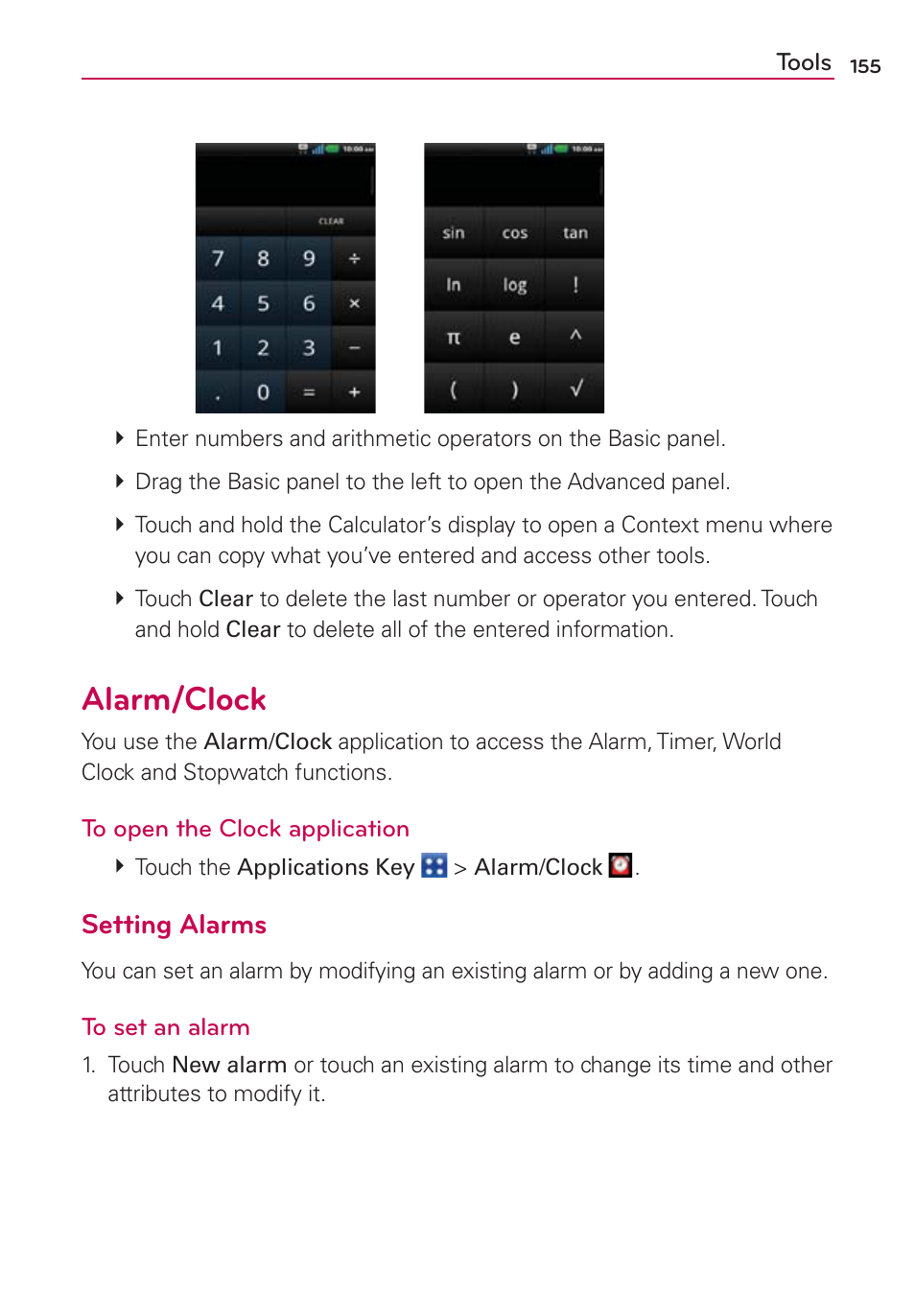 Alarm/clock, Setting alarms | LG LGMS840 User Manual | Page 157 / 200