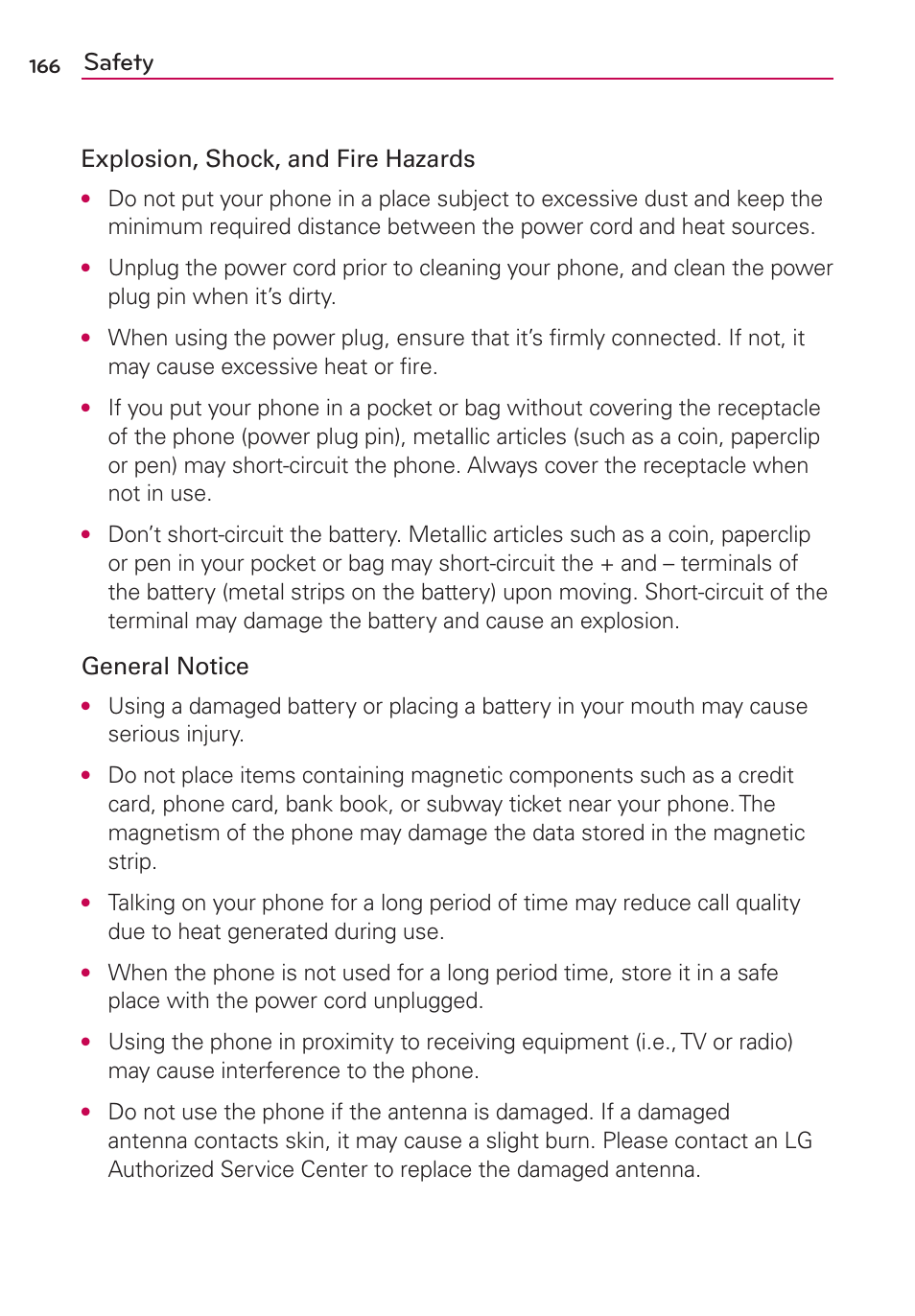 Safety, Explosion, shock, and fire hazards, General notice | LG LGMS840 User Manual | Page 168 / 200