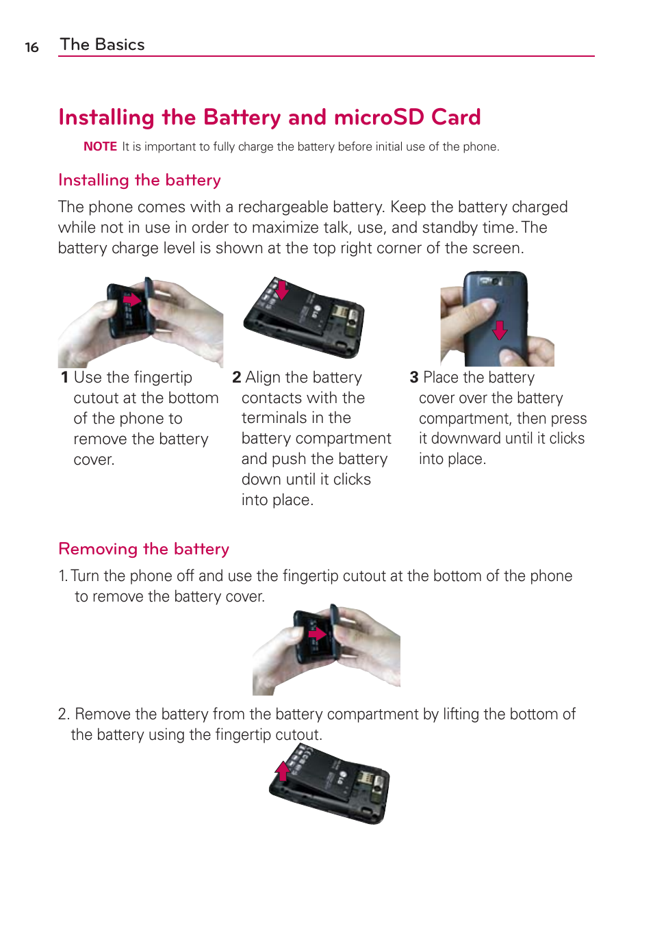 Installing the battery and microsd card | LG LGMS840 User Manual | Page 18 / 200