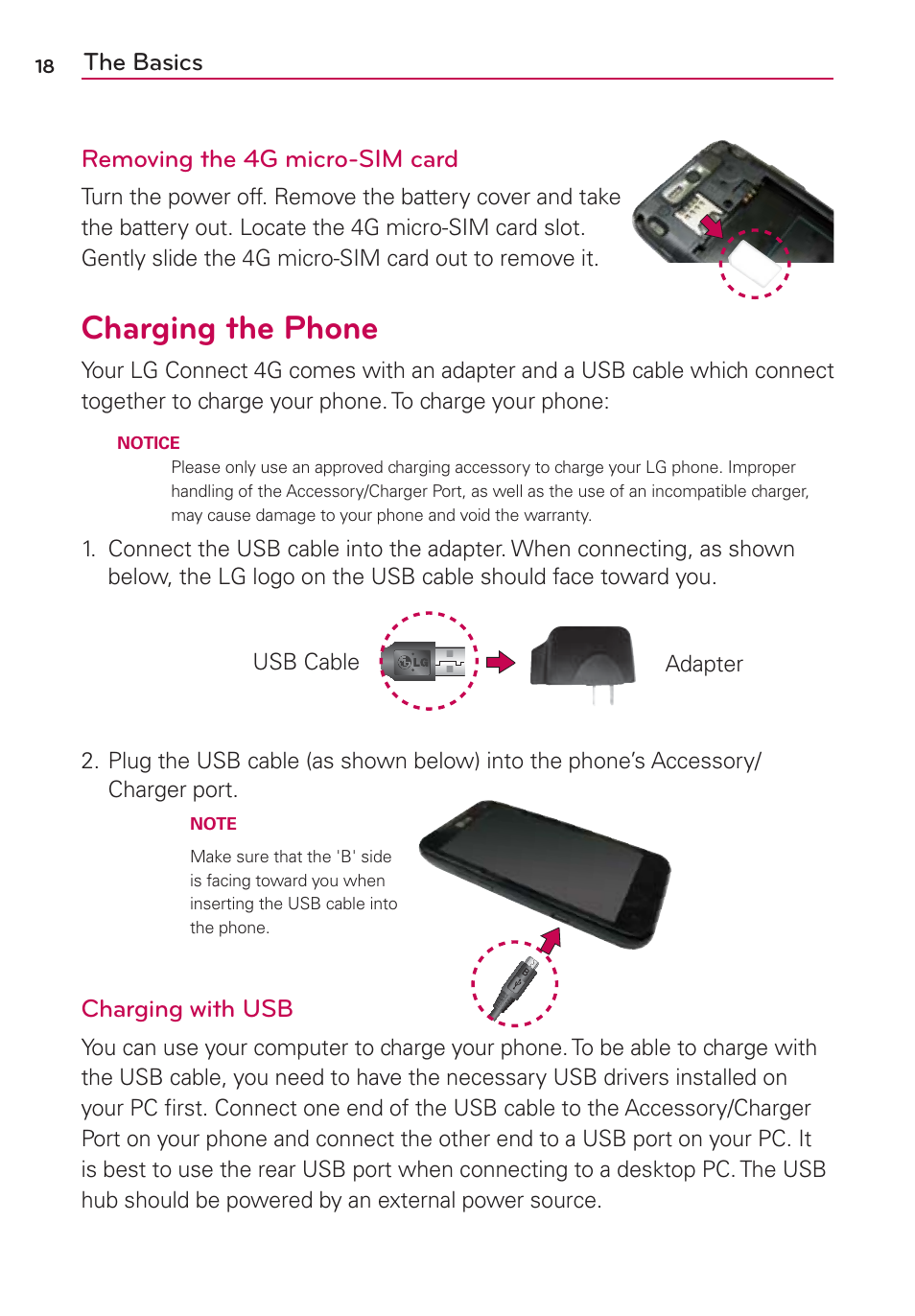 Charging the phone, The basics removing the 4g micro-sim card, Charging with usb | LG LGMS840 User Manual | Page 20 / 200