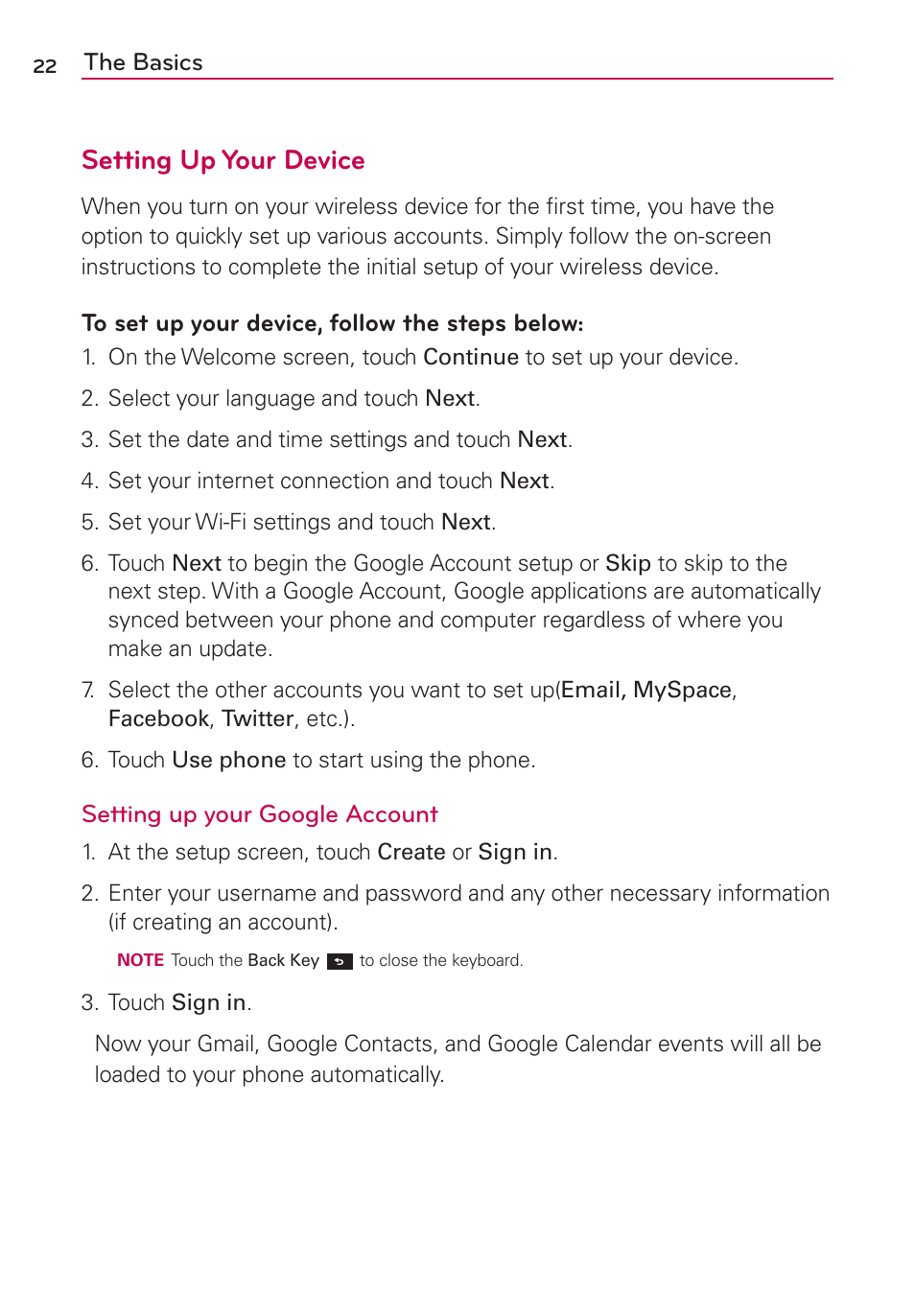 Setting up your device | LG LGMS840 User Manual | Page 24 / 200