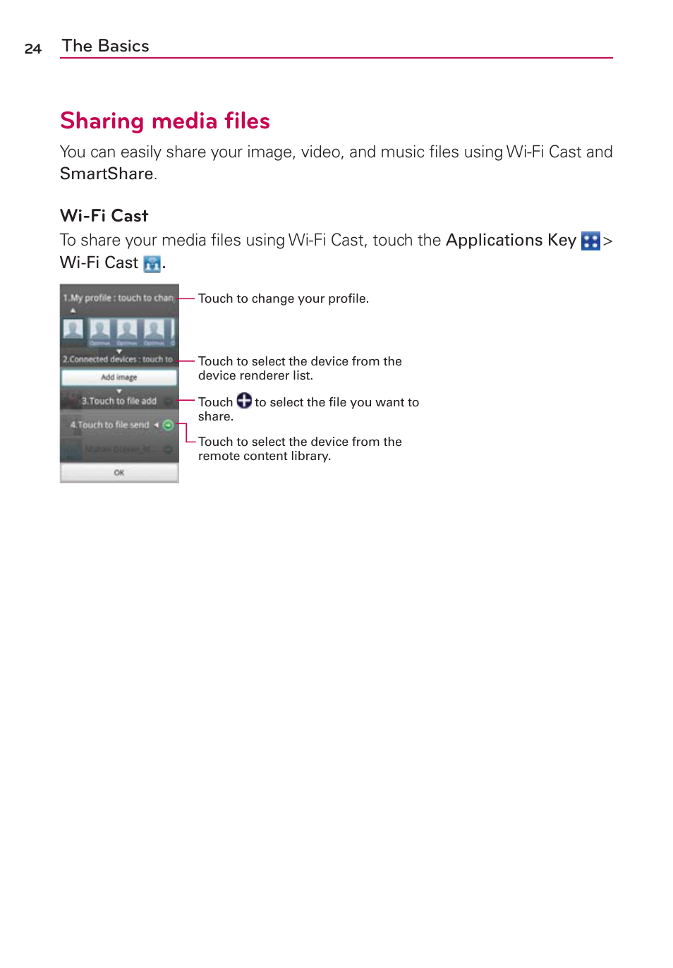 Sharing media ﬁles, The basics, Wi-fi cast | LG LGMS840 User Manual | Page 26 / 200
