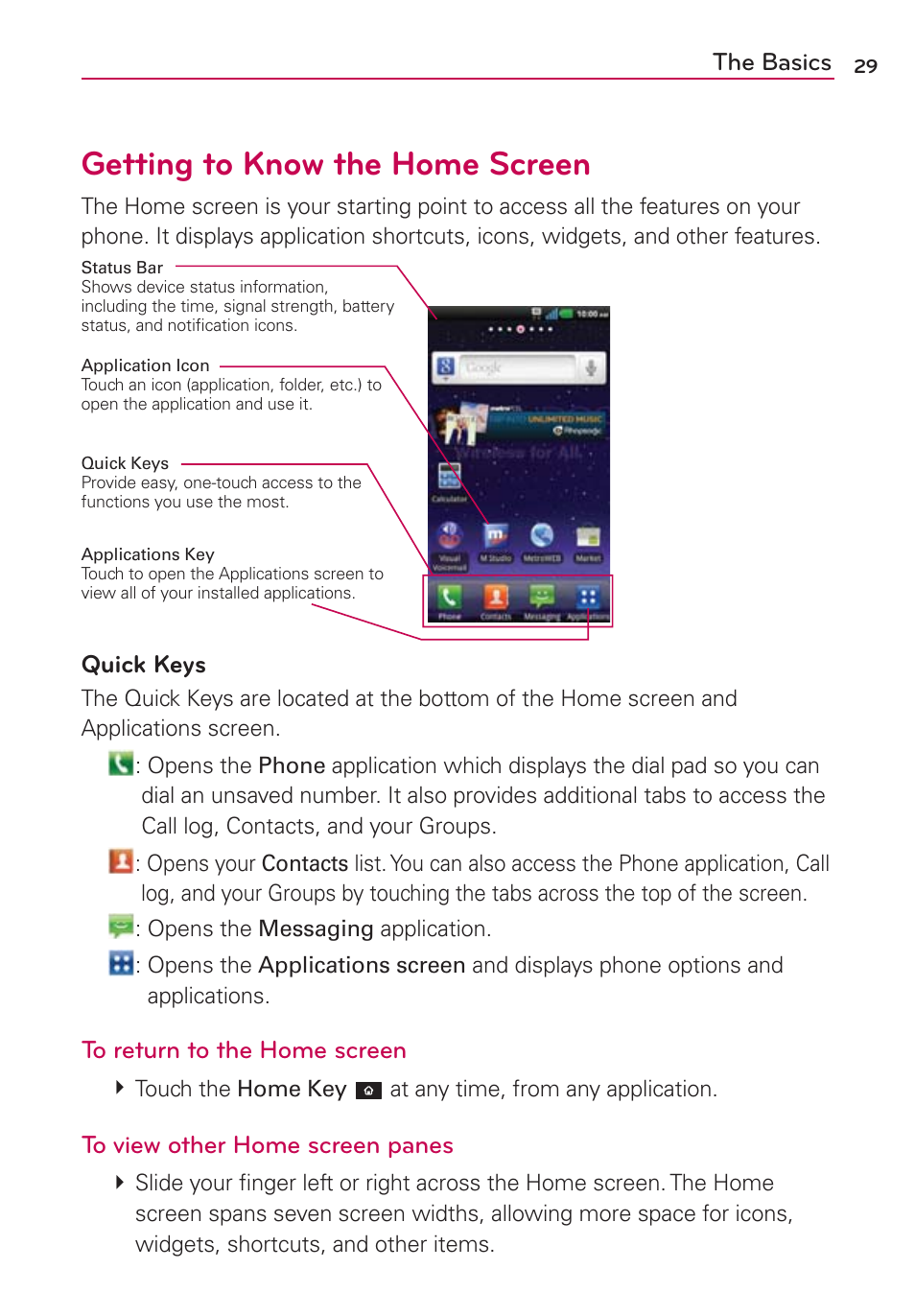 Getting to know the home screen | LG LGMS840 User Manual | Page 31 / 200