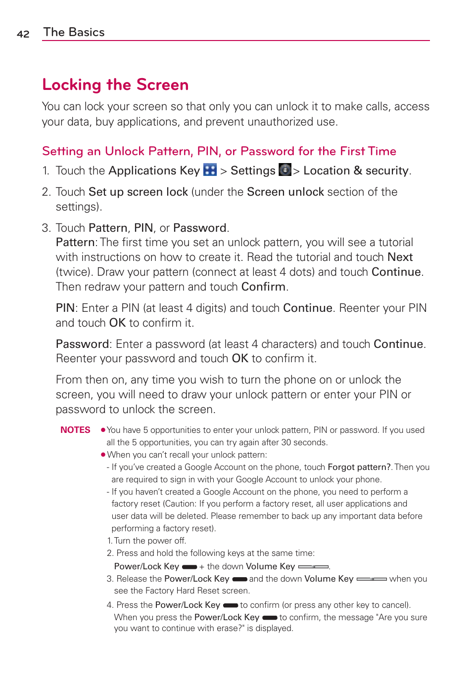 Locking the screen, The basics | LG LGMS840 User Manual | Page 44 / 200