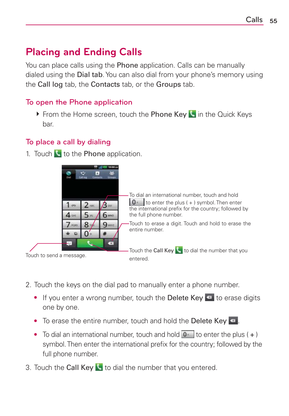 Placing and ending calls, Calls | LG LGMS840 User Manual | Page 57 / 200