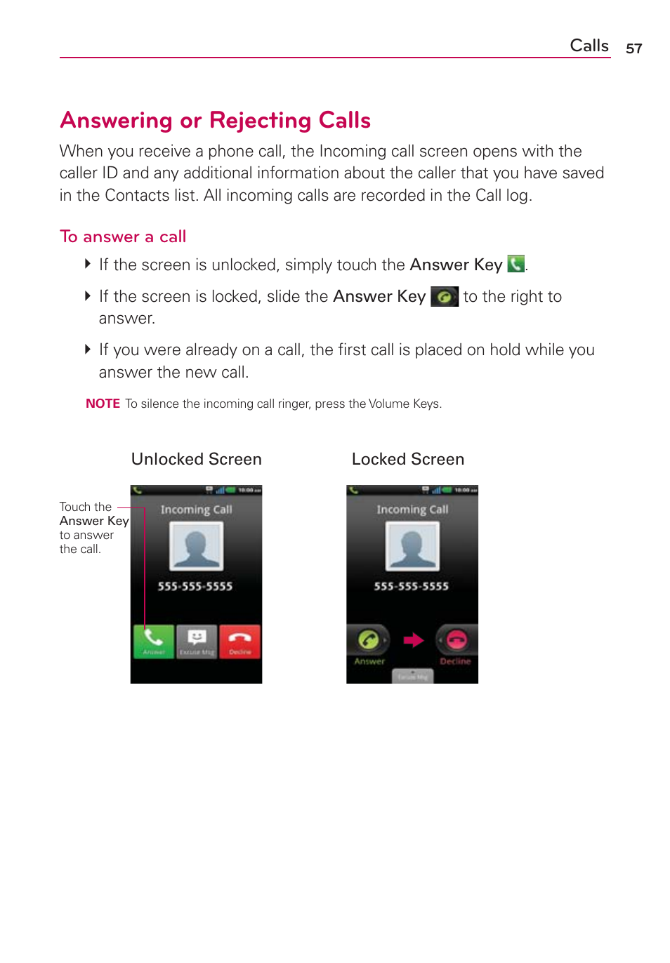 Answering or rejecting calls | LG LGMS840 User Manual | Page 59 / 200