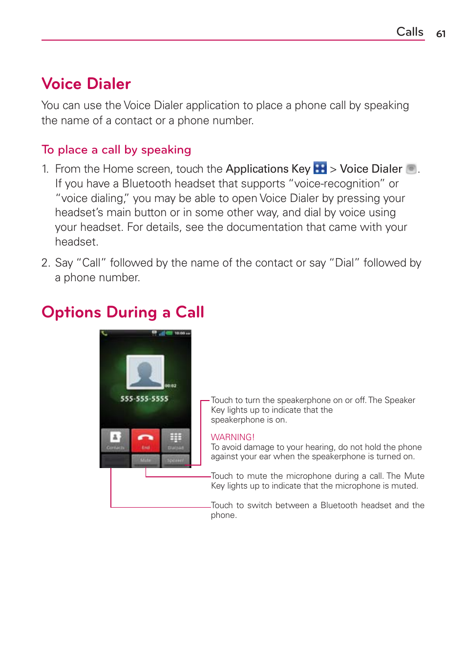 Voice dialer, Options during a call | LG LGMS840 User Manual | Page 63 / 200