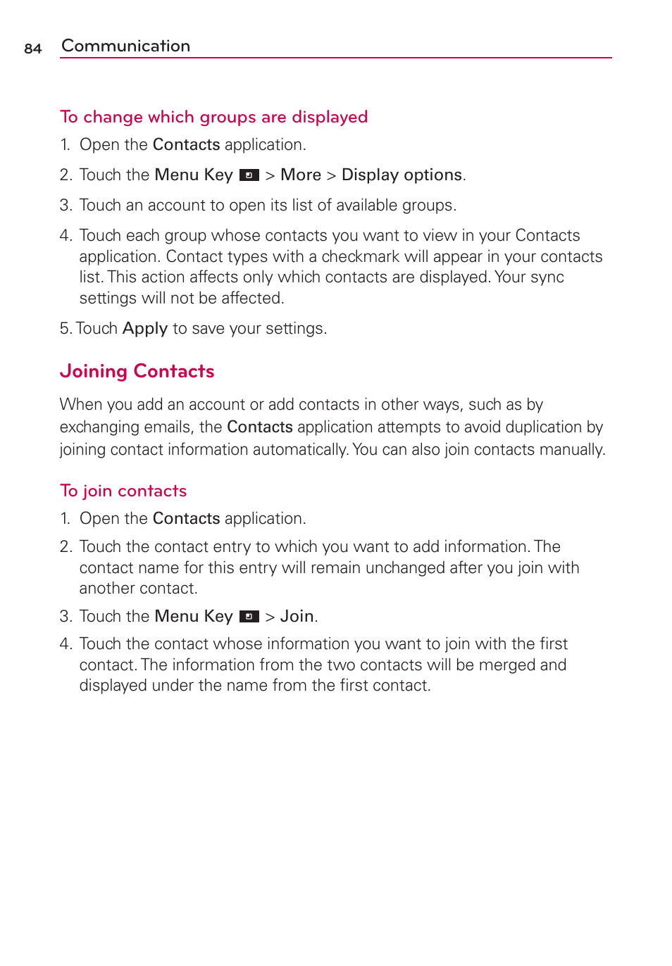 Joining contacts | LG LGMS840 User Manual | Page 86 / 200