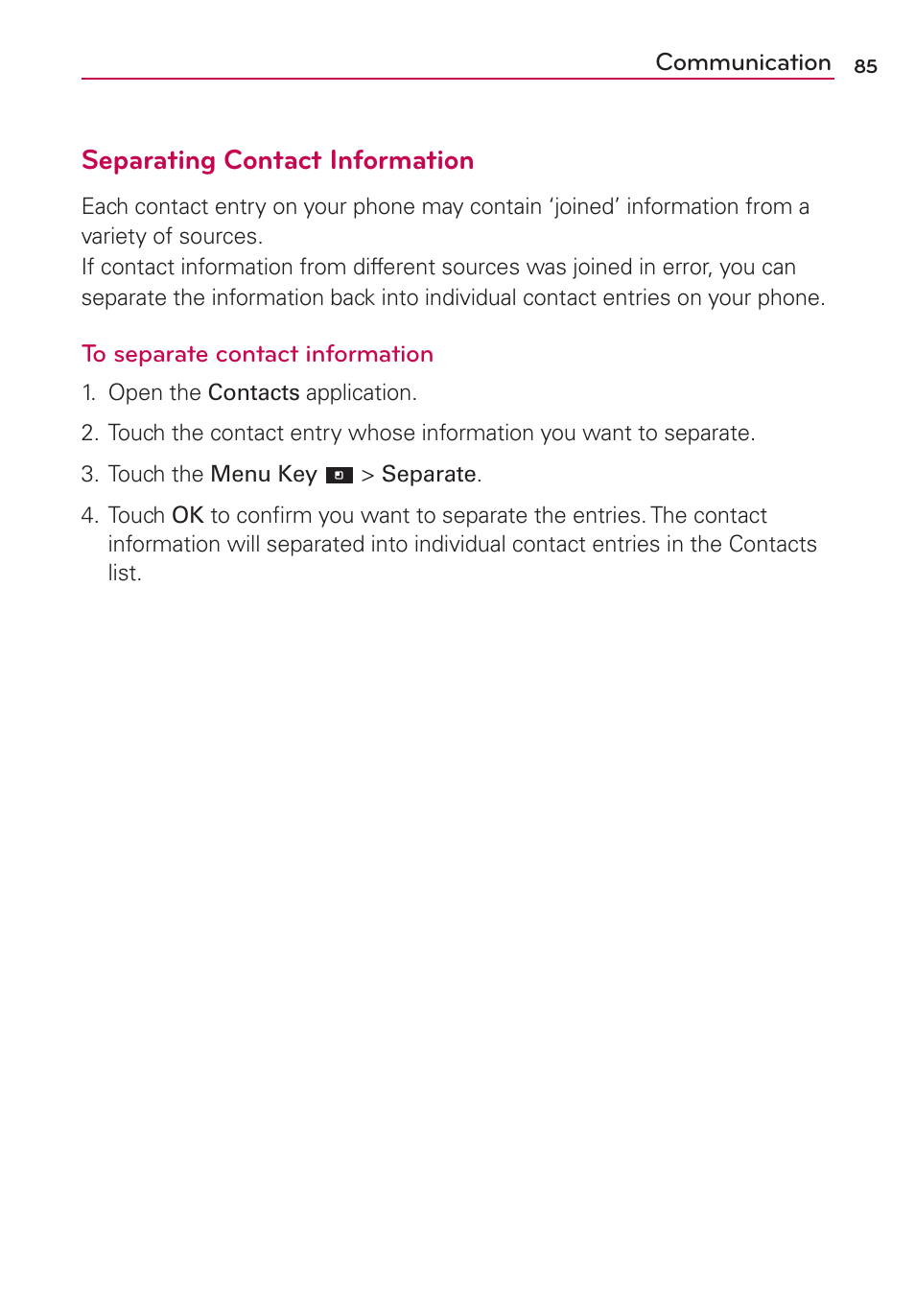 Separating contact information | LG LGMS840 User Manual | Page 87 / 200