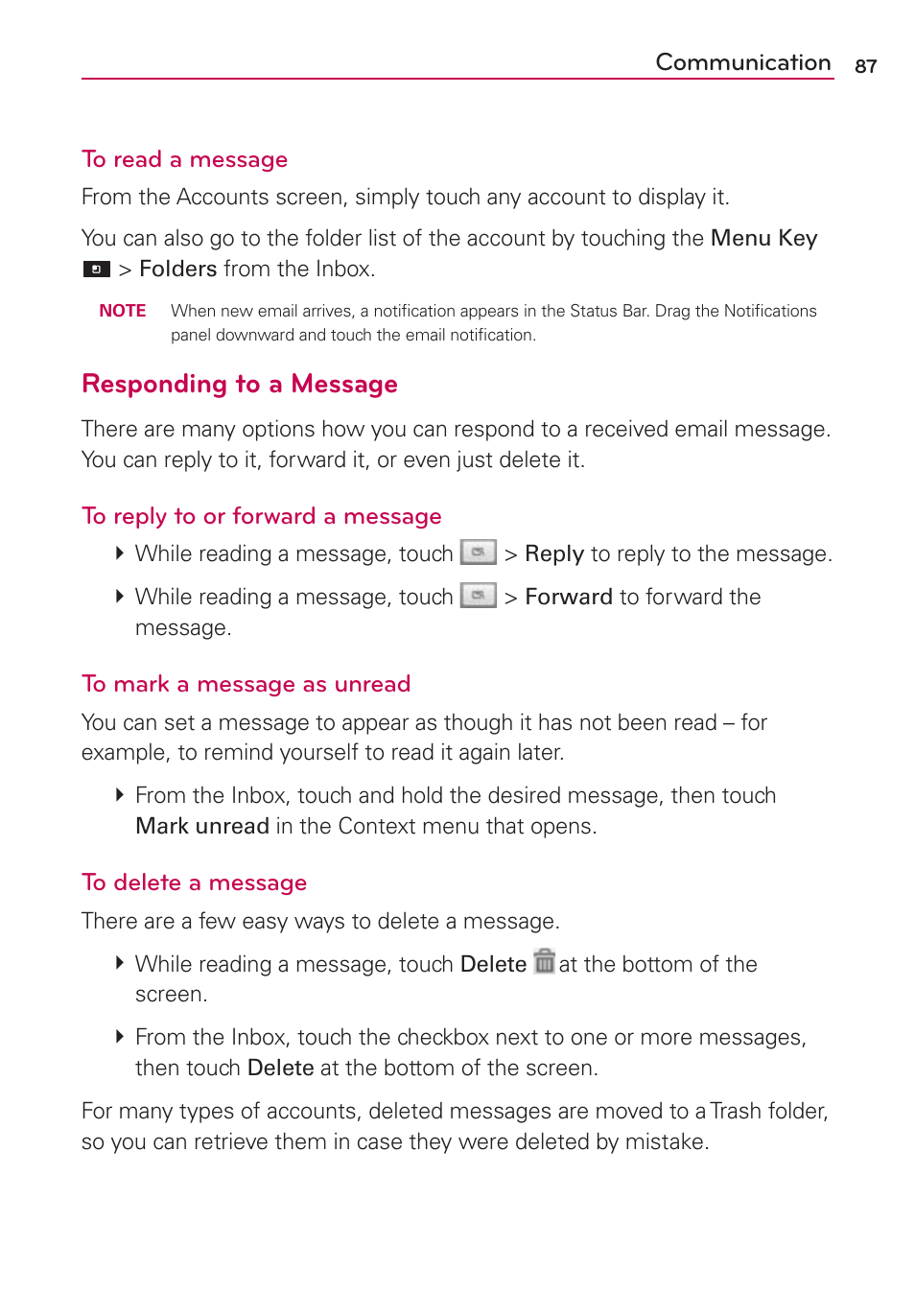 Responding to a message | LG LGMS840 User Manual | Page 89 / 200