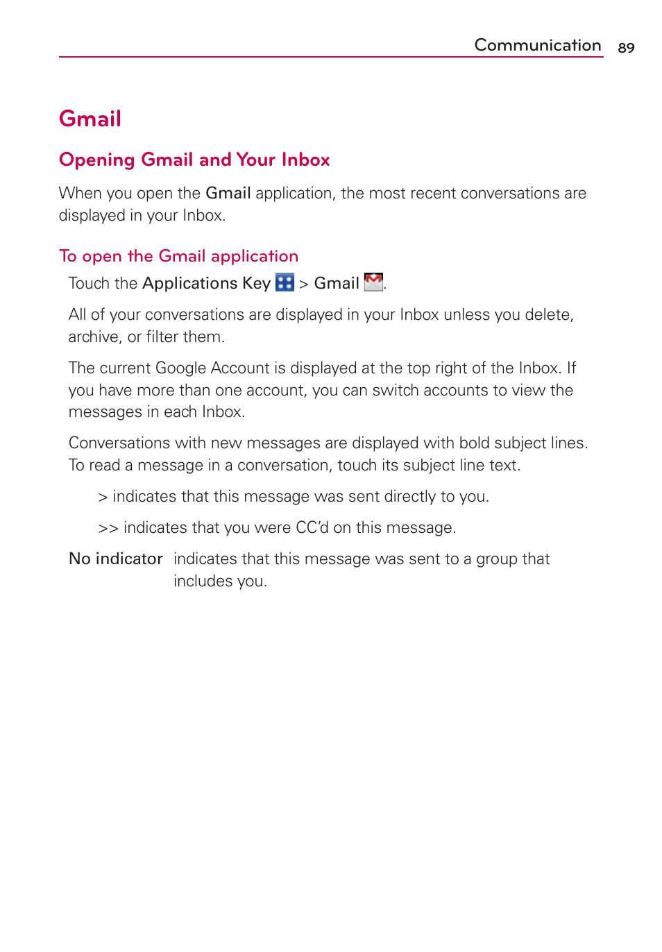 Gmail, Opening gmail and your inbox | LG LGMS840 User Manual | Page 91 / 200