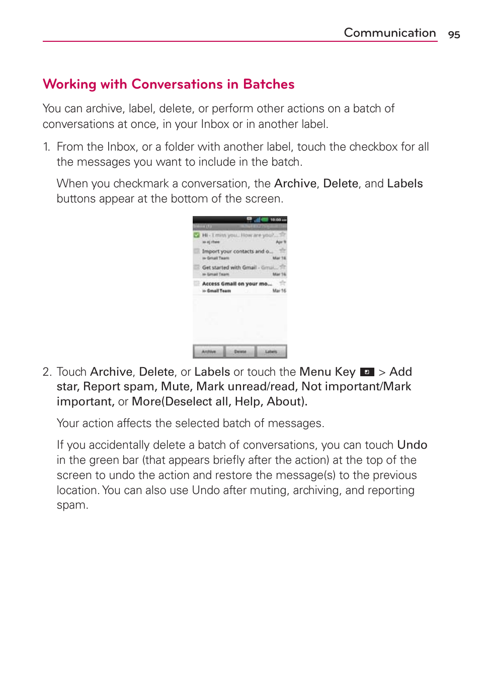 Working with conversations in batches | LG LGMS840 User Manual | Page 97 / 200