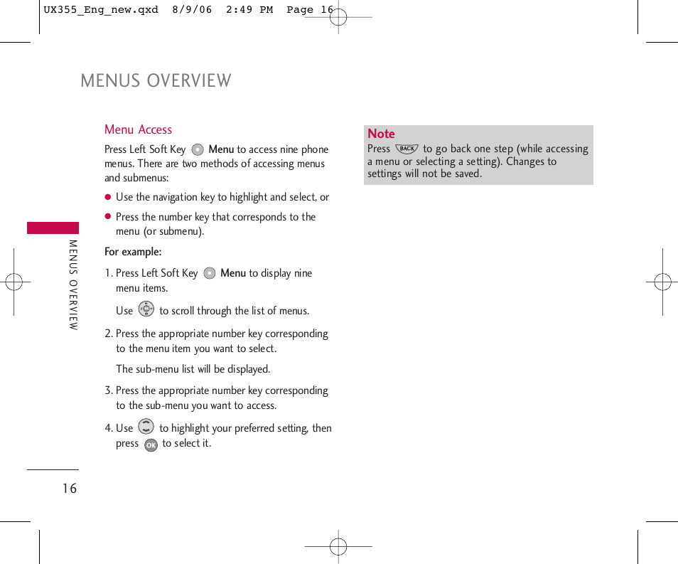 Menus overview | LG UX355 User Manual | Page 16 / 98