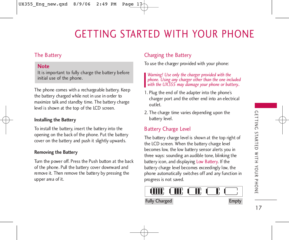 Getting started with your phone | LG UX355 User Manual | Page 17 / 98