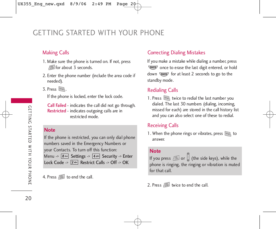 Getting started with your phone | LG UX355 User Manual | Page 20 / 98