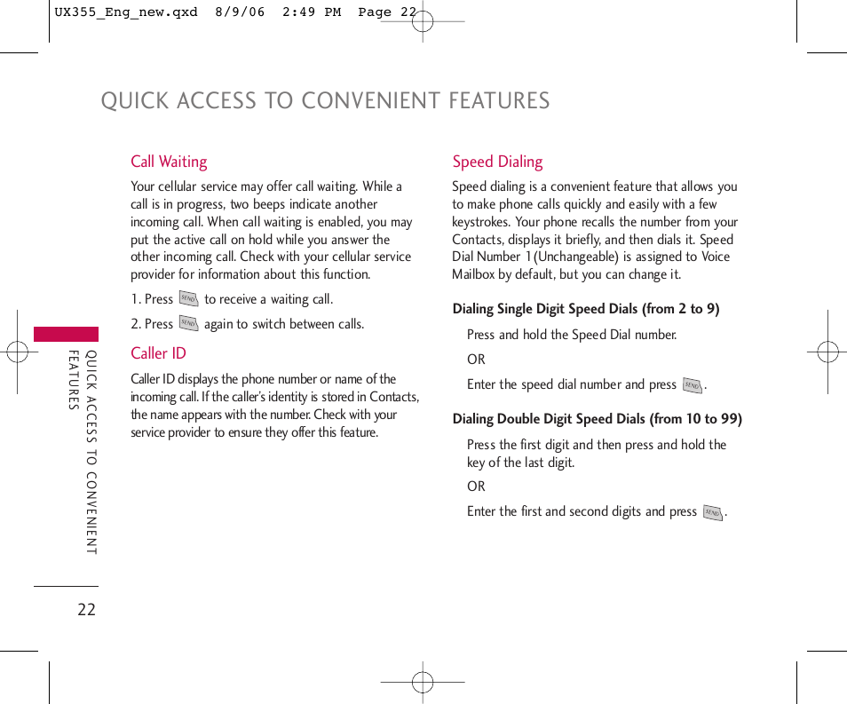 Quick access to convenient features | LG UX355 User Manual | Page 22 / 98