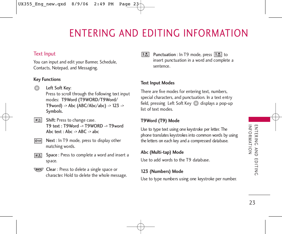 Entering and editing information | LG UX355 User Manual | Page 23 / 98