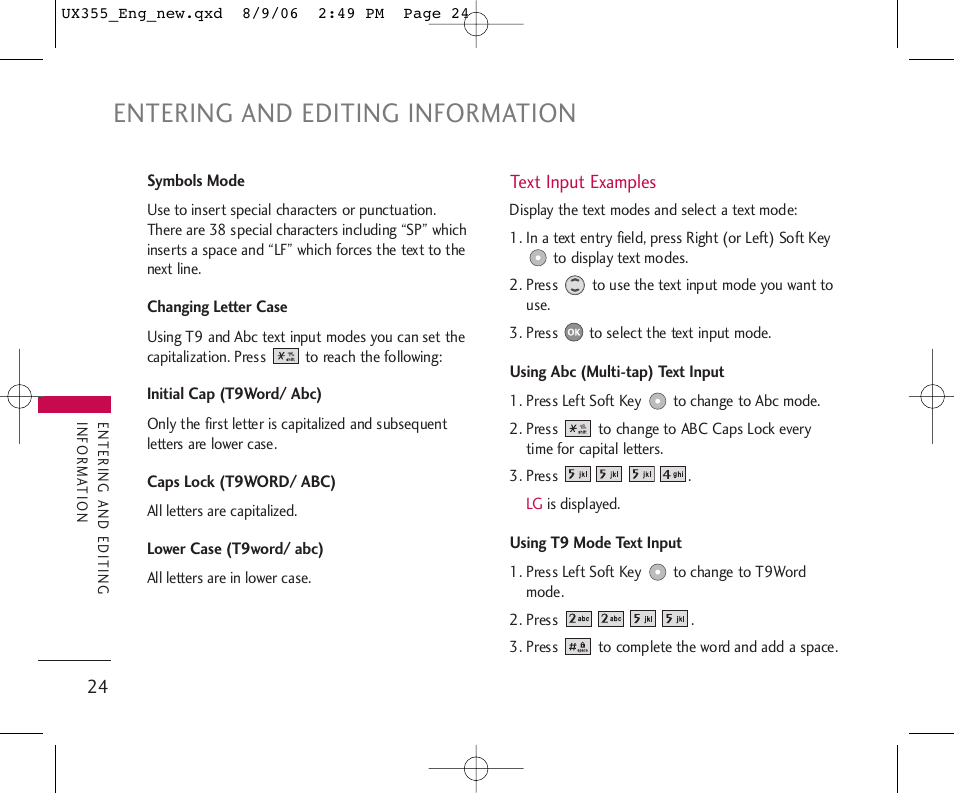 Entering and editing information | LG UX355 User Manual | Page 24 / 98