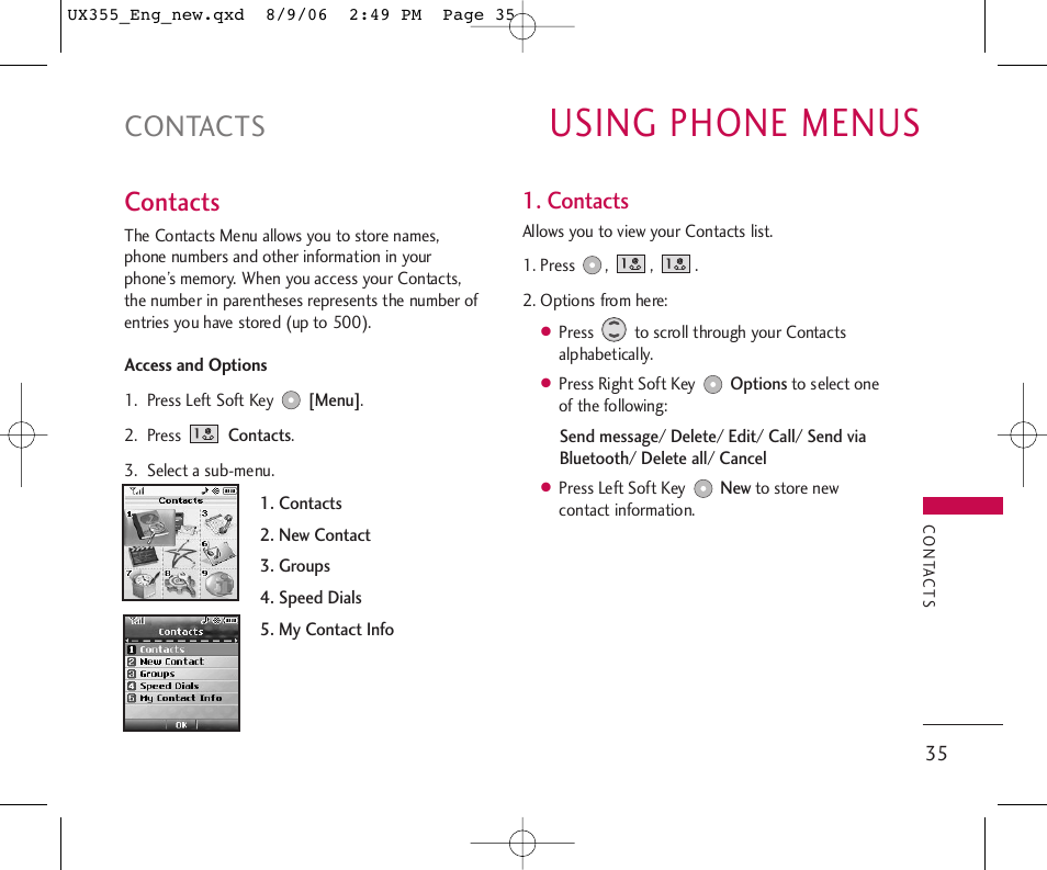 Using phone menus, Contacts | LG UX355 User Manual | Page 35 / 98